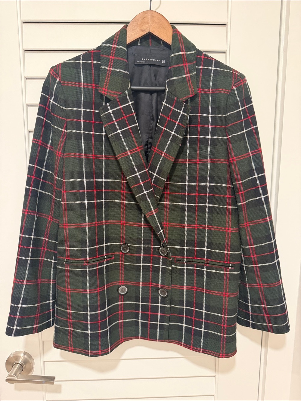 Zara Green Plaid Double-Breasted Blazer with Red & White Windowpane
